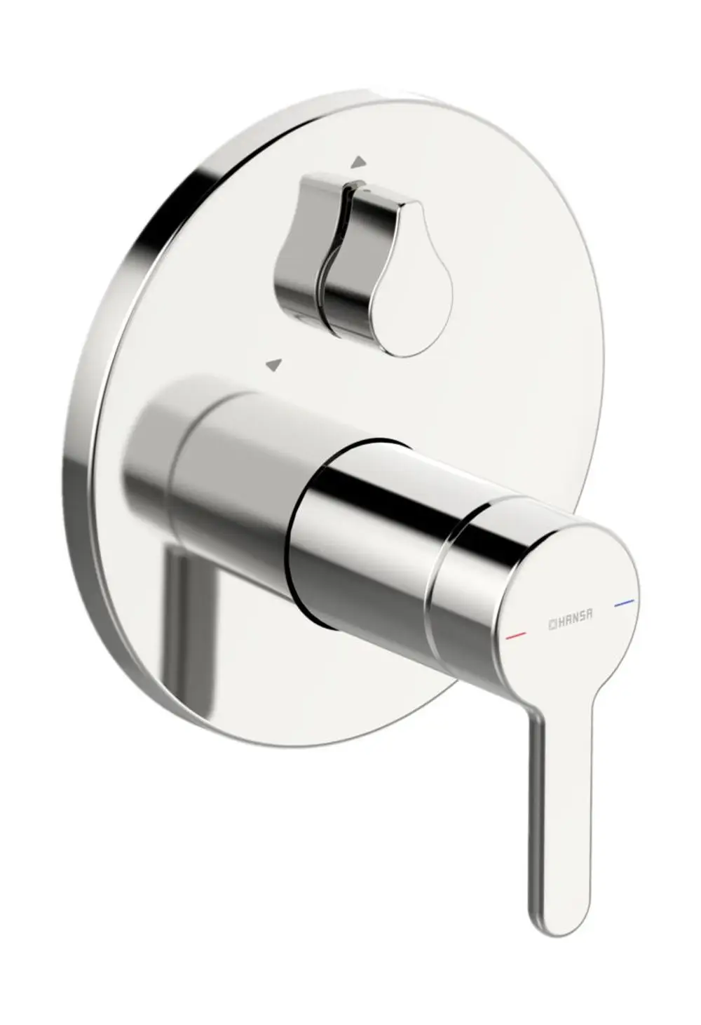 HANSADESIGNO Einhebelmischer für Wanne/Brause mit rundem Rosettendesign und Sicherungseinrichtung. Metallische Oberfläche und einfache Bedienung.
